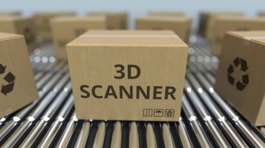 Cartons with 3D scanners on roller conveyors. 3D rendering clipart