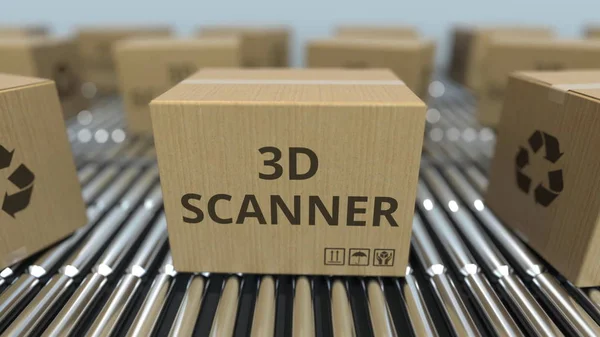 Kartony z skanerami 3D na przenośnikach rolkowych. Renderowanie 3D — Zdjęcie stockowe