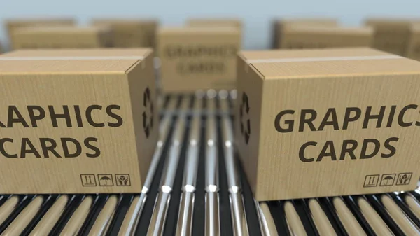 Cartones con tarjetas gráficas en transportadores de rodillos. Renderizado 3D —  Fotos de Stock