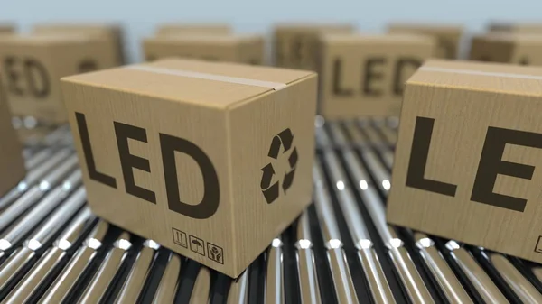 Kartons met LED-verlichtingsapparatuur op rollenbanen. 3D-rendering — Stockfoto