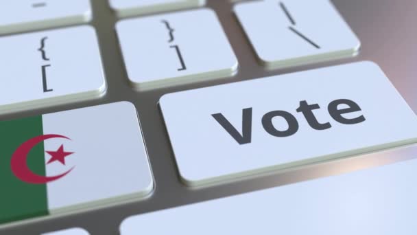 コンピュータのキーボードのボタンにアルジェリアのテキストとフラグを投票します。選挙関連の概念3Dアニメーション — ストック動画