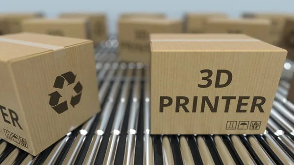 Kartony z drukarkami 3D na przenośnikach rolkowych. Renderowanie 3D — Zdjęcie stockowe