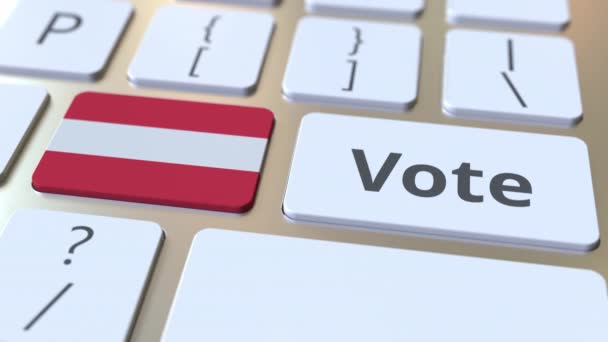 VOTE text and flag of Austria on the buttons on the computer keyboard. Election related conceptual 3D animation — Stock Video