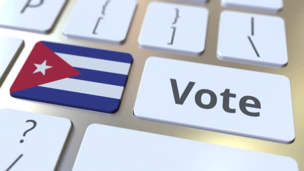 Stem tekst en vlag van Cuba op de knoppen op het toetsenbord van de computer. Verkiezings gerelateerde conceptuele 3D-animatie — Stockvideo