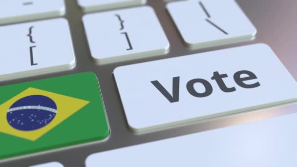 在计算机键盘上的按钮上投票文本和巴西国旗。选举相关概念 3d 动画 — 图库视频影像