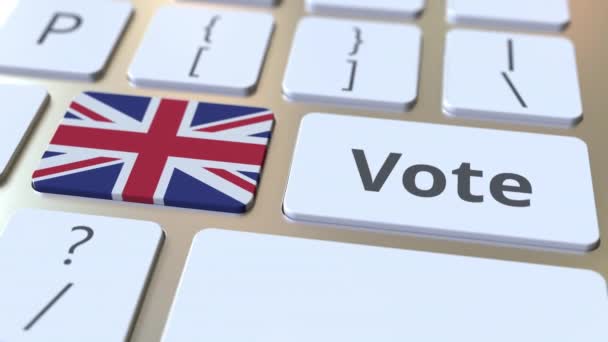 VOTE texto y bandera de Gran Bretaña en los botones del teclado de la computadora. Animación 3D conceptual relacionada con elecciones — Vídeo de stock