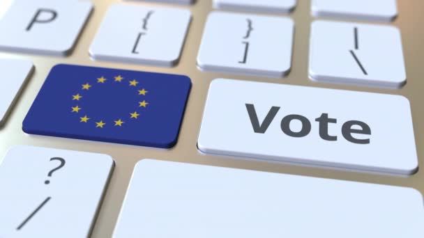 VOTE text and flag of the European Union on the buttons on the computer keyboard. Election related conceptual 3D animation — Stock Video