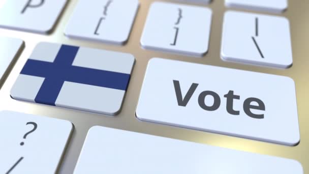VOTE texto y bandera de Finlandia en los botones del teclado del ordenador. Animación 3D conceptual relacionada con elecciones — Vídeo de stock