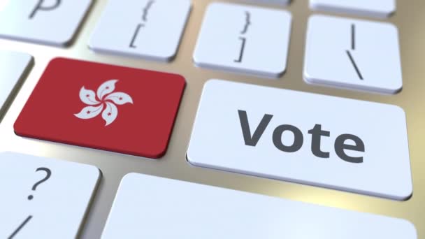 Texto VOTE e bandeira de Hong Kong nos botões do teclado do computador. Eleição relacionado animação 3D conceitual — Vídeo de Stock