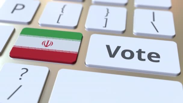 VOTE texto y la bandera de Irán en los botones del teclado del ordenador. Animación 3D conceptual relacionada con elecciones — Vídeos de Stock