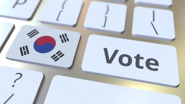 Текст и флаг Южной Кореи на кнопках на клавиатуре компьютера. Концептуальная 3D анимация — стоковое видео