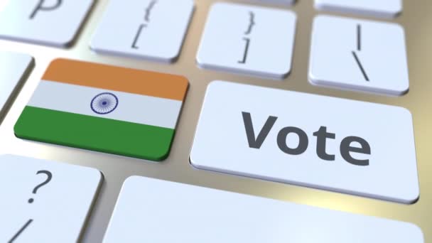 VOTE texto y la bandera de la India en los botones del teclado de la computadora. Animación 3D conceptual relacionada con elecciones — Vídeo de stock
