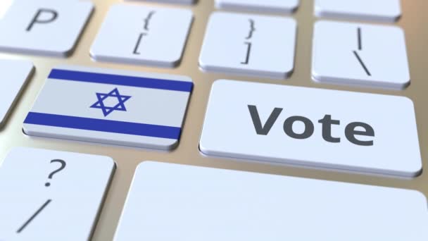 VOTE texto y la bandera de Israel en los botones del teclado de la computadora. Animación 3D conceptual relacionada con elecciones — Vídeo de stock
