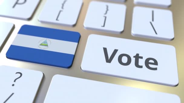 VOTER le texte et le drapeau du Nicaragua sur les boutons du clavier de l'ordinateur. Animation 3D conceptuelle liée aux élections — Video