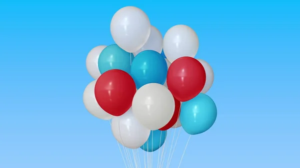 Φτιάχνοντας ένα μάτσο κόκκινα, μπλε και άσπρα μπαλόνια ηλίου. απόδοση 3D — Φωτογραφία Αρχείου