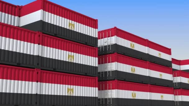 Контейнерный терминал, полный контейнеров с флагом Египта. Египетский экспорт или импорт связанной с петлей 3D анимации — стоковое видео