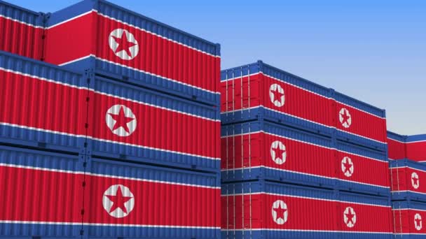 Container werf vol met containers met de vlag van Noord-Korea. Gerelateerde loop bare 3D-animaties exporteren of importeren — Stockvideo
