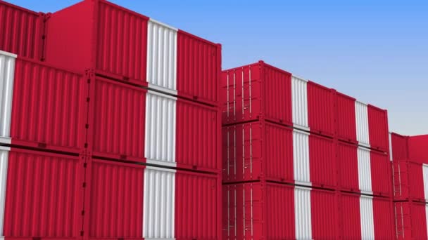 集装箱码头满载着秘鲁国旗的集装箱。秘鲁出口或进口相关的可循环3D动画 — 图库视频影像