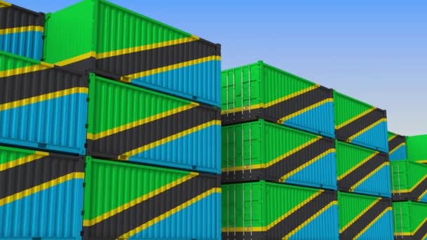 Contenedor lleno de contenedores con bandera de Tanzania. Animación 3D loopable relacionada con la exportación o importación de Tanzania — Vídeos de Stock