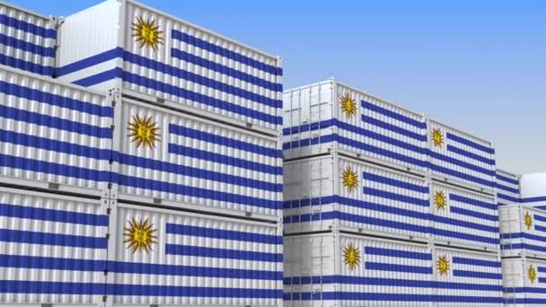 우루과이의 국기와 컨테이너의 전체 컨테이너 마당. 우루과이 내보내기 또는 가져오기 관련 반복 가능한 3D 애니메이션 — 비디오