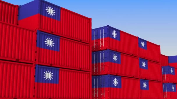 Container terminal vol met containers met vlag van Taiwan. Taiwanese export of import gerelateerde loop bare 3D-animatie — Stockvideo