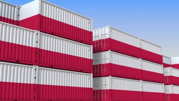 Container jarda cheia de recipientes com bandeira da Polônia. Animação 3D loopable relacionada com a exportação ou importação polonesa — Vídeo de Stock
