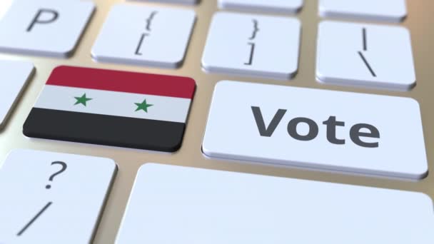 Głosowanie tekst i Flaga Syrii na przyciski na klawiaturze komputera. Koncepcyjna animacja 3D związana z wyborami — Wideo stockowe