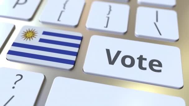 Głosowanie tekst i flaga Urugwaju na przyciski na klawiaturze komputera. Koncepcyjna animacja 3D związana z wyborami — Wideo stockowe