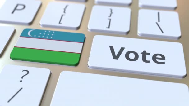 Hlasujte text a vlajku Uzbekistánu na tlačítkách počítačové klávesnice. Koncepční 3D animace voleb související s volbami — Stock video