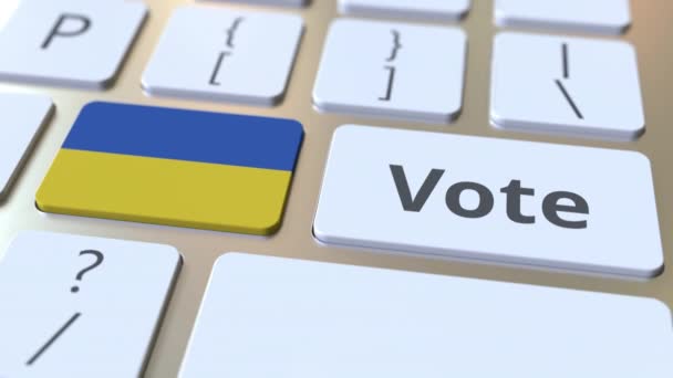 Głosowanie tekst i Flaga Ukrainy na przyciski na klawiaturze komputera. Koncepcyjna animacja 3D związana z wyborami — Wideo stockowe