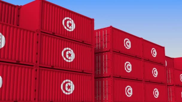 Terminal de contenedores lleno de contenedores con bandera de Túnez. Animación en 3D loopable relacionada con la exportación o importación tunecina — Vídeos de Stock