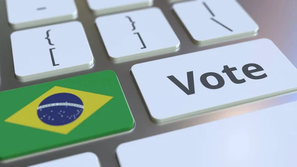 在计算机键盘上的按钮上投票文本和巴西国旗。与选举相关的概念 3D 渲染 — 图库照片