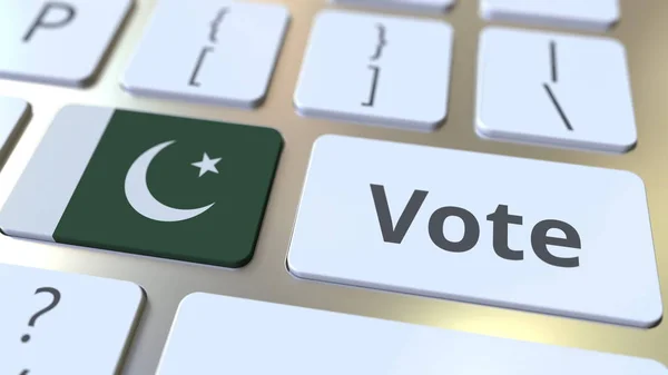在计算机键盘上的按钮上投票文本和巴基斯坦国旗。与选举相关的概念 3D 渲染 — 图库照片