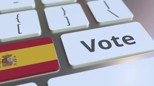 VOTA testo e bandiera della Spagna sui pulsanti sulla tastiera del computer. Rendering concettuale 3D relativo alle elezioni — Foto Stock