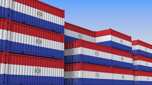 Container yard full of containers with flag of Paraguay. Paraguayan export or import related 3D rendering — Stock Photo, Image