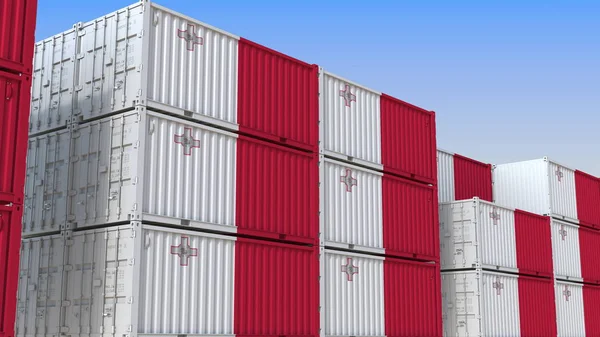 Containerterminal full av containrar med Maltas flagga. Maltesisk export eller importrelaterad 3D-rendering — Stockfoto