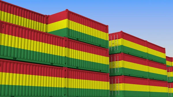 Containerterminal full av containrar med Bolivias flagga. Boliviansk export eller importrelaterad 3D-rendering — Stockfoto