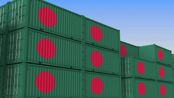 Контейнерний термінал повний контейнерів з прапором Бангладеш. Бангладеш експорт або імпорт пов'язаних 3D візуалізації — стокове фото