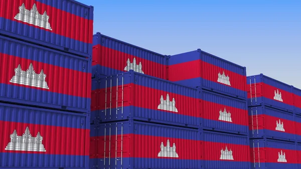 Kontener stoczni pełen kontenerów z flagą Kambodży. Eksport lub import w Kambodży związane z renderowaniem 3D — Zdjęcie stockowe