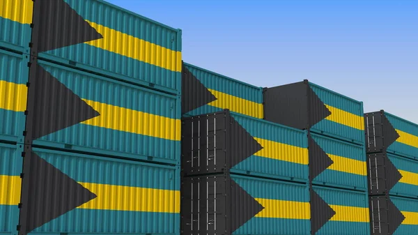Контейнерный двор, полный контейнеров с флагом Багамских островов. Багамский экспорт или импорт 3D рендеринга — стоковое фото