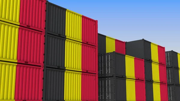 Terminal de contenedores lleno de contenedores con bandera de Bélgica. Renderizado 3D relacionado con la exportación o importación belga —  Fotos de Stock