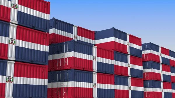Containerterminal voller Container mit Flagge der Dominikanischen Republik. Export oder Import bezogenes 3D-Rendering — Stockfoto