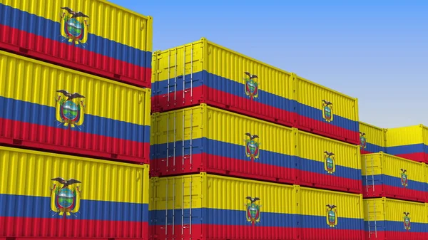 Contenedor patio lleno de contenedores con bandera de Ecuador. Exportación o importación ecuatoriana relacionada con renderizado 3D —  Fotos de Stock