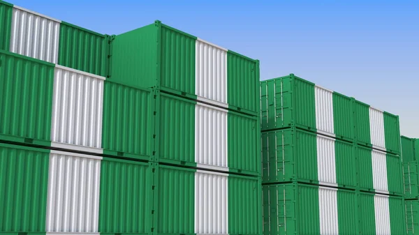 Container Yard full av containrar med Nigerias flagga. Nigeriansk export eller import relaterade 3D-rendering — Stockfoto