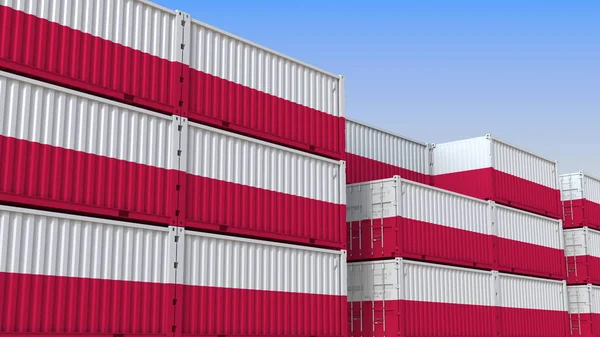 Contenedor lleno de contenedores con bandera de Polonia. Exportación polaca o renderizado 3D relacionado con importación —  Fotos de Stock