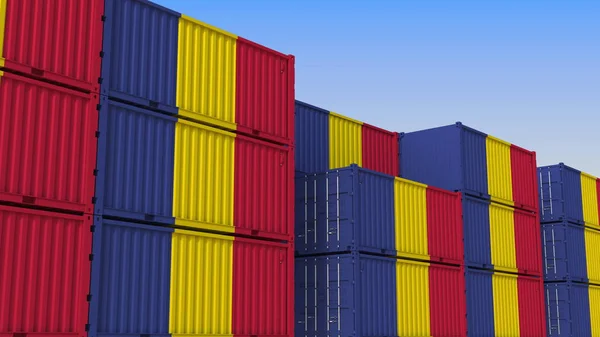 Container jarda cheia de contentores com bandeira da Roménia. Renderização 3D relacionada com a exportação ou importação romena — Fotografia de Stock