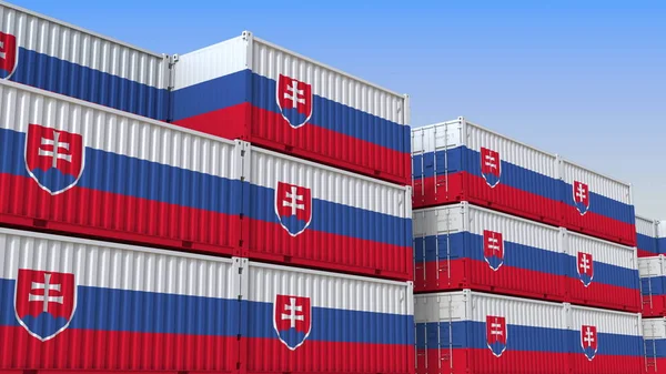 Контейнерний двір, повний контейнерів з прапором Словаччини. Словацька експортувати або імпортувати пов'язані 3D-рендерінг — стокове фото