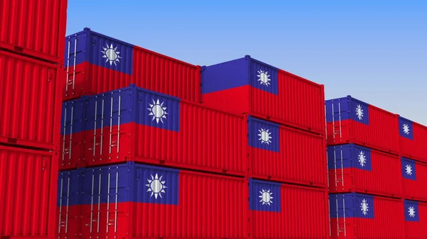 Container terminal full of containers with flag of Taiwan. Taiwanese export or import related 3D rendering — Stock Photo, Image