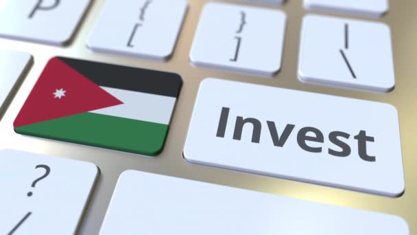 INVEST text and flag of Jordan on the buttons on the computer keyboard. Business related conceptual 3D animation — Stock Video