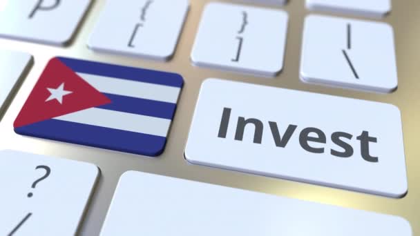 INVESTIRE testo e bandiera di Cuba sui pulsanti sulla tastiera del computer. Animazione concettuale 3D aziendale — Video Stock